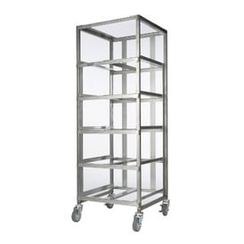 Carts like this can hold numerous trays or baskets in a narrow vertical space, saving floor space.