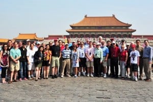 At Forbidden City, Beijing (Drew in striped shirt and shorts, middle)