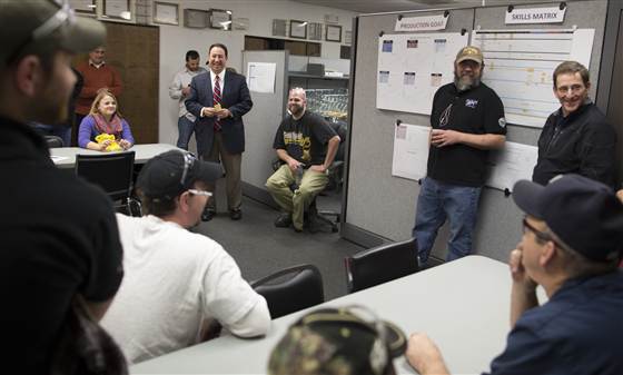 Marlin Steel President Drew Greenblatt at employee meeting. (Credit: John Makely NBC News)