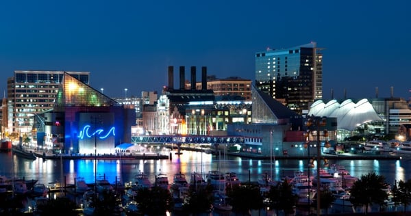 Baltimore Harbor at night.