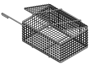 Food Processing Equipment Basket with a lid and pin to hold food products in place.