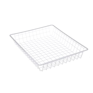 The smooth sheet metal top of this wire basket is designed to easily slot into shelving units.