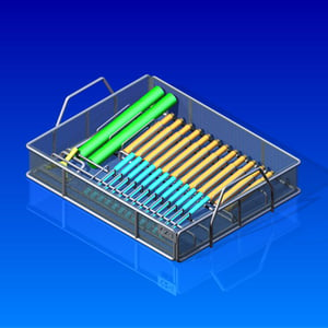 Computer drawing of a potential medical instrument tray design for instruments of varying sizes.