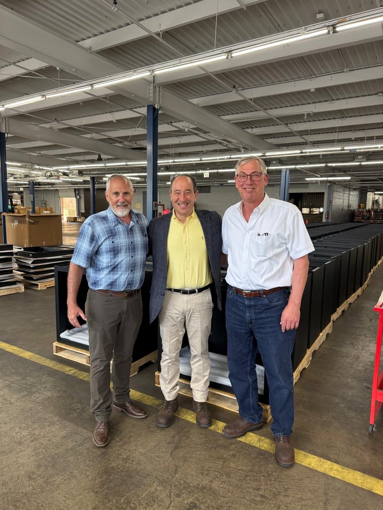 Executive leaders from Marlin Steel and Franklin Display Group standing together. Don Mutert Jr. (Left), Drew GreenBlatt (Middle), Bob Berleth (Right)