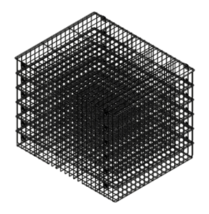 A stack of multiple food processing wire baskets.