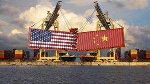 Shipping containers with US and Chinese flags colliding in a shipping port.