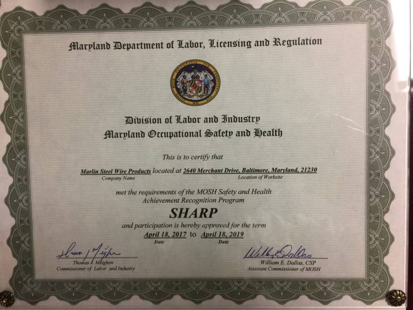 Marlin Steel Earns SHARP Designation Once Again!